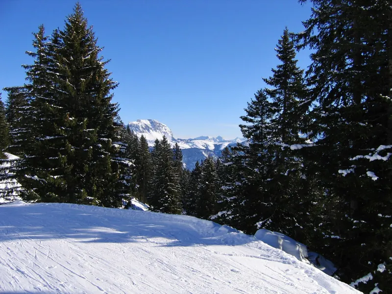 Sonnige, verschneite Piste am Flumserberg, Skiurlaub mit Kleinkindern in den Alpen