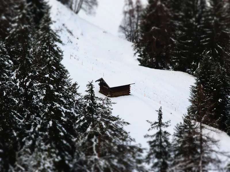 Verschneite Almhütte zwischen Tannen, Winterurlaub in den Semesterferien 2025