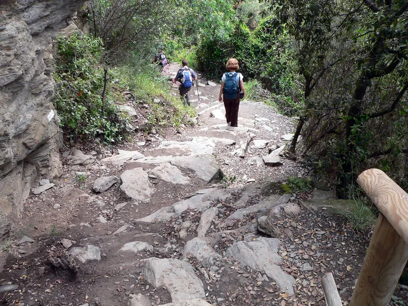 Hikers on a rocky stepped path towards Vernazza in the Cinque Terre, a classic for spring hiking with kids