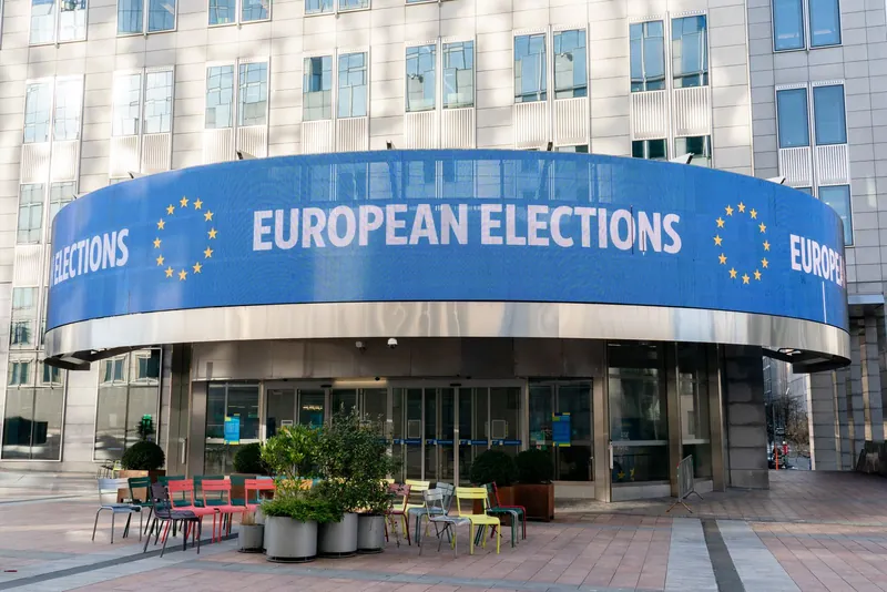 European elections banner at the European Parliament entrance in Brussels, near the Parlamentarium and free museum days