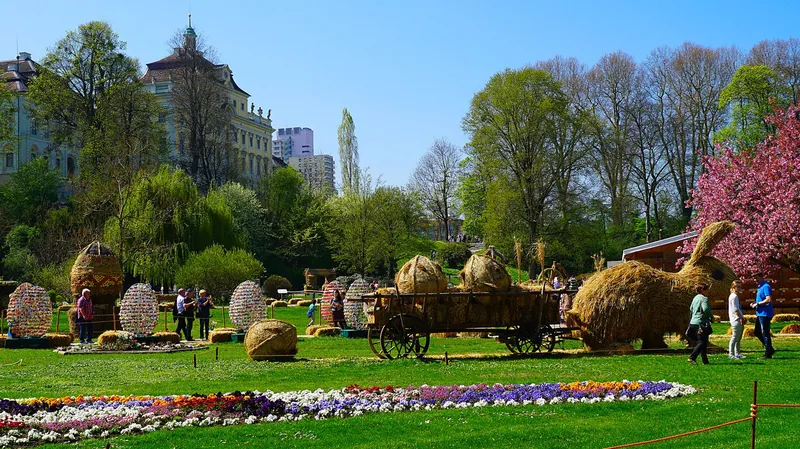 Easter decorations in a spring garden, the setting for Easter egg hunts at castles, gardens and farms